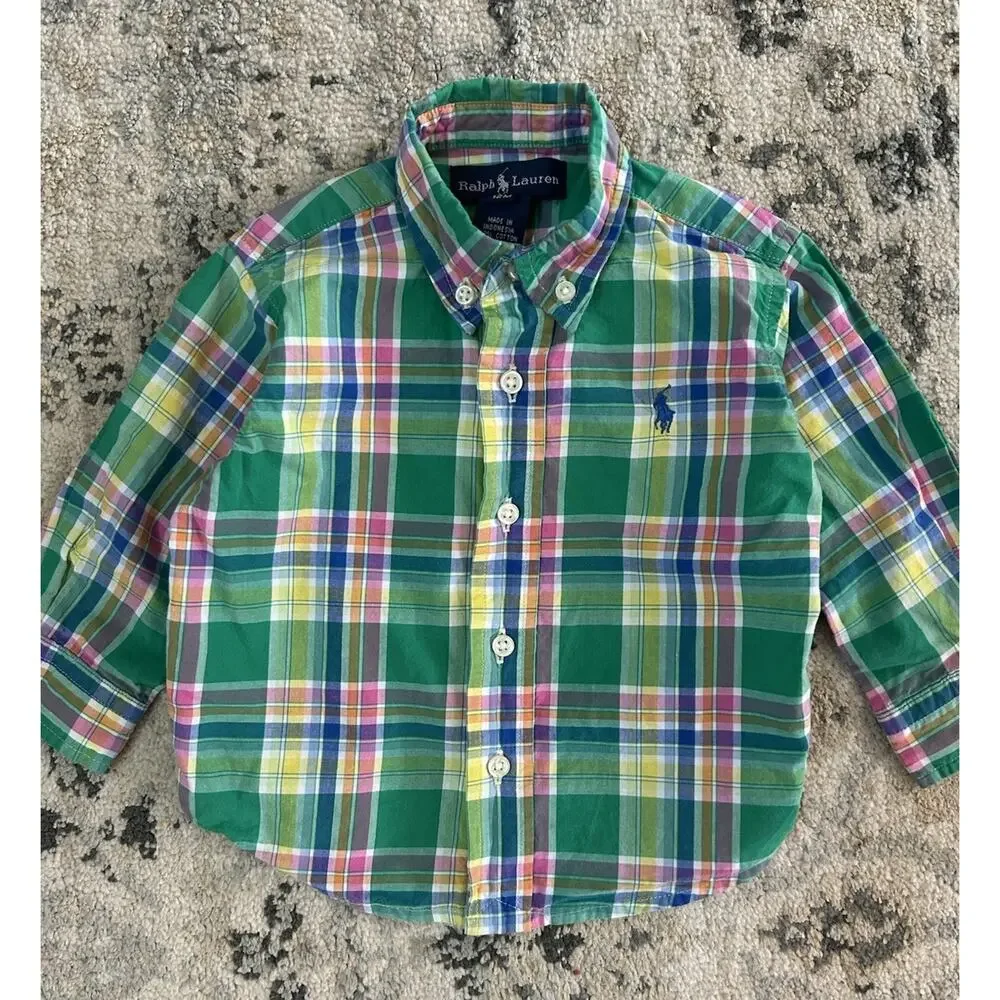 Ralph Lauren Baby Boy 12 Month Cotton Long Sleeve Button Up Shirt Green Plaid